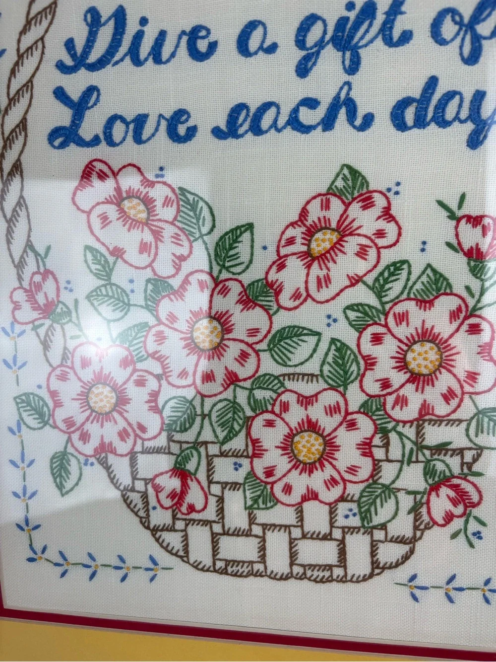Vintage Hand-Embroidered Flower Basket”Give a Gift of Love Each Day”Frame/Matted